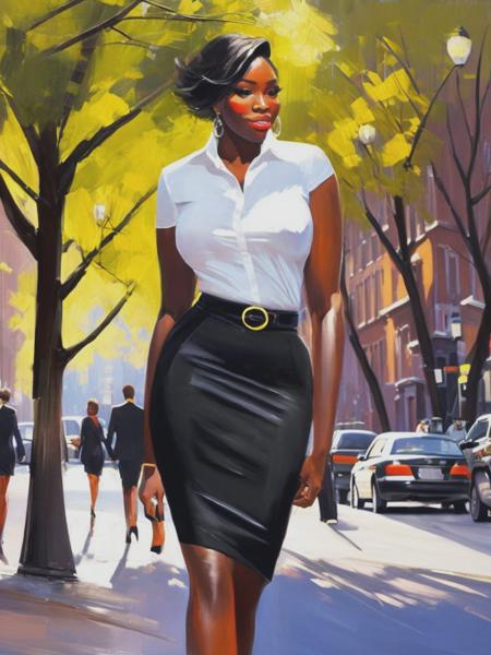 <lyco:BenAronson:1.0> A chic curvaceous ebony woman wearing a pencil skirt by Victoria Beckham, walking through the tree-lined streets of Greenwich Village in New York City painted in Irene Sheri style. She pairs the skirt with a simple blouse and classic pumps. The setting is charming, quaint, and captures the historic charm of this iconic neighborhood.