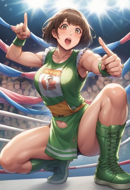 score_9, score_8_up, score_7_up, zPDXLrl, (medium full shot) of (ripped wrestler) young woman, philippine, light skin, hazel eyes, full-figured build, medium hazel inverted bob hair,  wearing a green sleeveless t-shirt, wrestling tights,, wrestling boots, mask, set in  Wrestling Ring, surrounded by cheering fans, with colorful banners and sponsors' logos on the apron, at sunset, woman surprised, open mouth, pointing her finger at the viewer, best quality, raw photo, realistic, detailed face