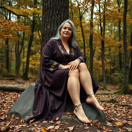 there is a woman sitting on a stone in the woods, robes with golden characters, barefoot, outdoors business portrait, lush forest in background, 
metal cuffs are locked on her ankles and chained to a tree
 inspired by Grethe Jürgens, sexy pudica pose gesture, disrobed, during autumn, relaxing after a hard day, older woman, fullbody photo, by Rajmund Kanelba, reclining, plus size woman