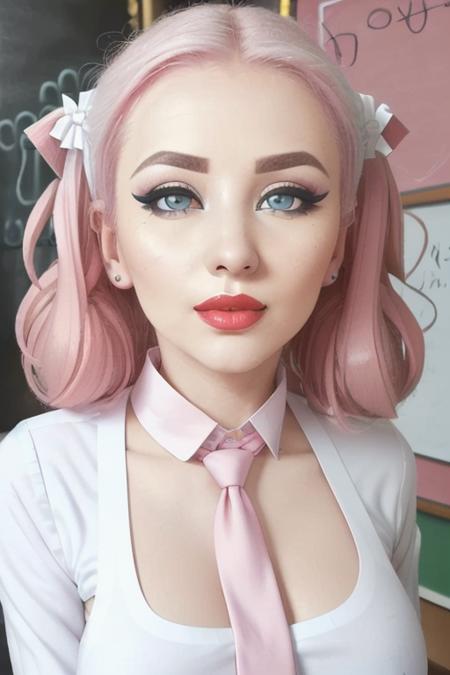 photo of <lora:milorose-06:0.7>, milorose, a woman, (twintails, twin tails, gorgeous pink hair), ((closeup, portrait):1.1),((white shirt, necktie, collar, fully clothed):1.3),((chalkboard, classroom, desk):1.3),((red lipstick, heavy eyeliner, full makeup, heavy eye shadow):1.2),((best quality, masterpiece, extreme details):1.2), ((beautiful eyes, detailed eyes, detailed face, beautiful face):1.2)