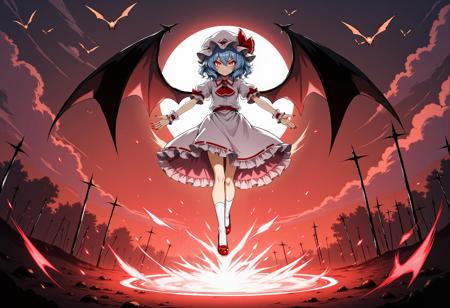 Remilia Scarlet, The image is an illustration of a girl with light blue hair and red eyes and large bat wings on her back. 