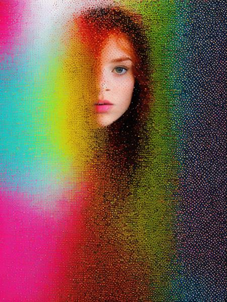 windows,reflection, glass, looking at viewer, upper body, lips,((polka dot),halftone, halftone background), multicolored background, colorful, too many, (girl,red hair), abstract, rainbow order,realistic,  <lora:polka dot:0.95>