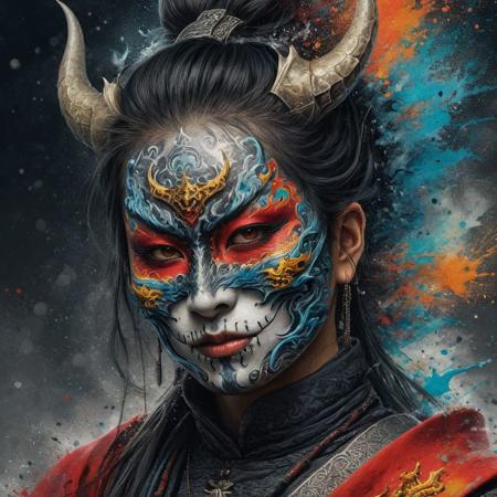 portrait of a samurai lady wearing a scaries oni mask with a tattoo on her neck and a dragon with a background of bright colored paint splashes, detail, horror Gustave Dor Greg Rutkowski