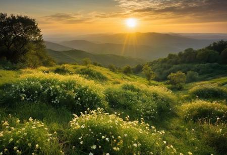 Award winning photograph, Envision a realm where the boundaries between reality and imagination blur effortlessly, where each step unveils a symphony of colors and textures dancing in harmony. A vast, ethereal valley, where the air is tinged with the scent of blooming jasmine and whispers of distant melodies caress your ears. As you gaze across the expanse, you're greeted by rolling hills adorned with lush emerald foliage, each blade of grass shimmering with dewdrops like scattered jewels. The gentle breeze carries with it the soft hum of contentment, a melody composed by the rustling leaves and the occasional trill of unseen birds. In the distance, towering spires of crystalline structures rise from the earth like the spines of ancient giants, their surfaces reflecting the golden hues of an eternal sunset. Streams of liquid light cascade down their facades, pooling into crystalline lakes that mirror the star-strewn heavens above. Glowing flora illuminate your path, casting a kaleidoscope of colors upon the verdant ground below. Above, wisps of iridescent clouds drift lazily across a cerulean sky, morphing and shifting like dancers in an endless ballet. The sun, a radiant orb of warmth and light, bathes the land in its golden embrace, casting long shadows that dance across the landscape like playful spirits.<lora:RMSDXL_Creative:2> <lora:RMSDXL_Enhance:2> <lora:Dreamyvibes - Alt-Version - Trigger is Dreamyvibes Artstyle:.7> Dreamyvibes Artstyle