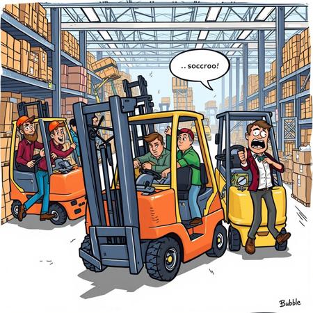 A humorous illustration of chaotic Forklift warehouse workers moving recklessly in different directions, looking disorganized and exaggeratedly clumsy. In the background, a terrified pedestrian flees with a comically exaggerated expression of fear. Bublle say "soccorroo" The scene is set in a bright warehouse environment, drawn in a colorful, cartoonish style, emphasizing exaggerated features and comic elements."