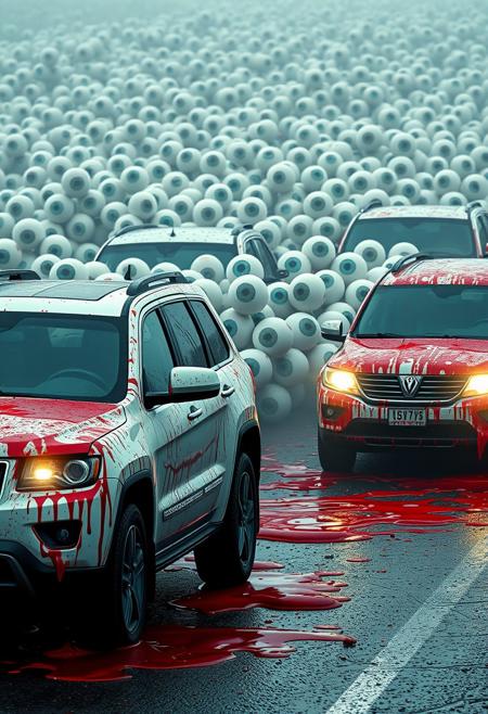 photo of a endless number of eyeballs filled a completely transparent SUVs in the middle of car crash, bleeding