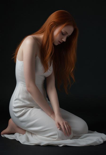 A young woman with pale, porcelain skin and long, flowing auburn hair kneels on a dark, matte surface, her diaphanous white dress clinging to her gentle contours. She is captured in a tenebrous, introspective pose, her eyes closed in quiet contemplation. A single, focused light source from above and slightly behind her casts dramatic shadows, emphasizing the S-curve of her back and the delicate fabric. The camera angle is low, enhancing her ethereal beauty against the impenetrable blackness. The scene is bathed in high-contrast, volumetric lighting with subtle halation, creating a mood of vulnerability and ethereal calm. Symbolist chiaroscuro and tenebrist techniques, combined with film grain and a teal and orange color grading, add depth and texture. The lighting setup features a soft, warm spotlight positioned at a 45-degree angle, casting a gentle glow that highlights her features and creates a high dynamic range. aidmaimageupgrader