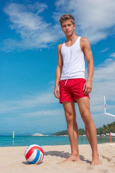 beach in the background, beach volleyball, sand, JackHarrer wearing red swim trunks, (white tank top), barefoot, (holding volleyball), (((full body portrait))), wide angle  <lora:JackHarrer:0.8>