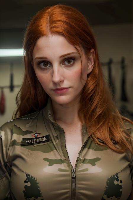 professional photograph of V4lka woman, redhead, full body, she's an army soldier, military uniform, in a combat zone, she's wearing an USA military uniform with camouflage. (Background is a desert of the Middle East), she's holding an MP4 rifle and looking at the viewer with a determined face. Action heroine, 4k, 8k, masterpiece, highest quality, bokeh, geiger, (active firefight) (marvel cinematic universe)  highly detailed eyes  <lora:2024-02-06_19-29-35-save-1499-53-15:1>