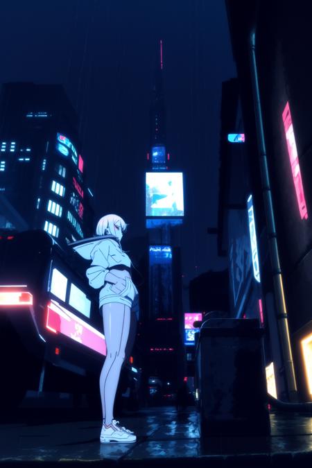 1girl, <lora:cy1-000008:1> <lora:lucy_cyberpunk:0.45>city,rain,light,night,