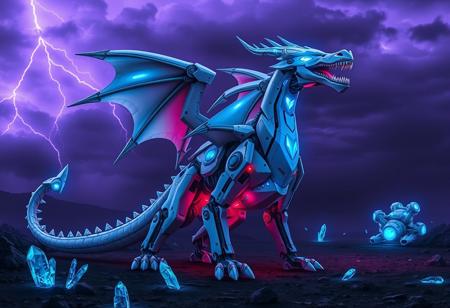 high quality, detailed, beautiful, masterpiece, correct anatomy, anatomically correct, realistic, dragon, mechanical Western dragon, mecha, android, neon blue mechanical joints, neon blue eyes, glowing eyes, glowing blue wings, neon blue glowing sharp teeth, neon blue glowing horns, neon blue glowing claws, tail, narrow waist, wide hips, white metal armour, glowing red metal armour under belly, intricately detailed metal armour,
dragon, is standing on its hind legs, arms raised, head raised, dragon is looking at the viewer, making its presence known, fierce, imposing, awesome, tail is swaying, (((dynamic pose))), dark sky, cloudy, lightning arching in the clouds, purple haze, wasteland, dark earth, neon blue glowing crystals, large crystals, rocks, craters,