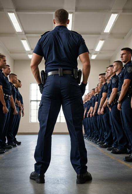 Ultra-realistic, cinematic full-body photo of a handsome 20-year-old Caucasian male police academy recruit, viewed from behind during a uniform inspection. He stands tall in a wide, formal stance with hands clasped behind his back, wearing a tightly fitted short-sleeved navy blue police uniform and black tactical gloves. His lower body is highly muscular and slightly exaggerated in proportion — with especially large, sculpted glutes stretching the seat of his snug uniform pants, and thick, powerful legs firmly planted. He glances back over his shoulder at the viewer with a faint, smug smirk, radiating quiet arrogance and dominance. A loaded duty belt wraps tightly around his small waist, enhancing the size contrast with his massive glutes. Bright institutional overhead lighting creates bold, realistic shadows and highlights across the fabric. The background shows a clean, well-lit police academy training hall with other recruits blurred in formation. Shot from a low rear angle, capturing his full body from boots to head, emphasizing his exaggerated lower-body build, rigid stance, and intense presence. Ultra-detailed, photorealistic, sharp textures, natural skin tone, and dramatic cinematic depth.