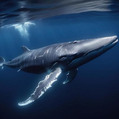 a majestic realistic blue whale swimming in the deep in the dark ocean,
depth of field, cinema photography under the water, professional color
grading, exquisite detail, realistic photography, cinematic lighting,
super resolution, megapixel, global Illumination, unreal engine 5,
wide angle,