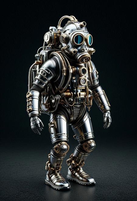 8k, Tilt shift photography style, mechanical sea anemone, walking, gas mask, silver armor, mechanical back pack, shilver circuits, propeller on body, walking on the sea bottom, simple dark background, minimalist, extremely detailed, qu4ntum