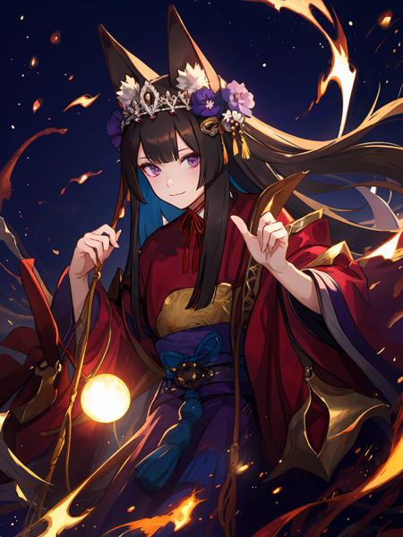 masterpiece,best quality,highres,cinematic lighting,dramatic angle,1girl,<lora:ShadowverseGinsetsuV7-000024:0.8> ,animal ears,black hair,japanese clothes,obi,looking at viewer,:3,holding mask,tails,long sleeves,fingernails,moon,night,hair ornament,holding,purple flames,glowing purple eyes