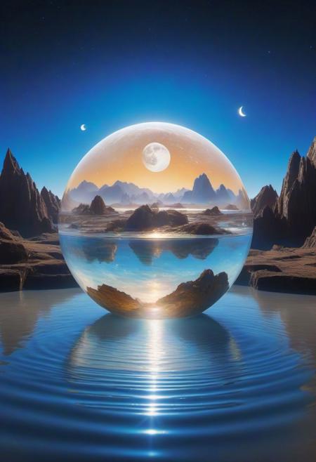 beautiful dreamland scene with the zodiac signs apearing in 3D from front to back,  moon is rising. A cristal globe emerge from the water, realistic: light brown and blue pastel ratio: encaustic, professional photography, natural lighting, volumetric lighting maximalist photoillustration: by Robert McCall and Roger Dean and Ryan Pancoast, 8k resolution concept art intricately detailed, complex, elegant, fantastical