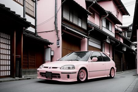 light pink CIVIC6 on a narrow kyoto alley, japanese architecture, foggy street at night, bokeh, depth of field, 1 car, <lora:CIVIC6:0.8>