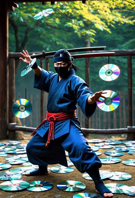made of cd's,
8k, score_9, score_8_up, score_7_up,
masterpiece,realistic,ultra detailed, vibrant colors,photo-realistic,
Ninja throwing a CD,CD Shuriken, Japanese period drama, Samurai, Geisha,
