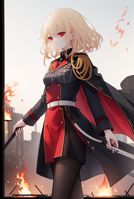 (Gloomy dim yellow light), A blonde girl wears a German military uniform, (The girl wore a black German military uniform), ((The girl looked disgusted)), The girl was expressionless, (The girl was draped in a black cloak), ((((Flames burned behind the maiden)))), (There is battlefield behind the girl), (((Bloody))), (((beautiful detailed German military uniform))), ((German military uniform)), beautiful detailed girl, Perfect face, feet out of frame, ((Perfect body)), straight-on, ((solo)), red eyes, curly hair, ((backlight)), Girl on the center axis of the picture, small breasts, (The character is in the center of the frame), Girl on the center axis of the picture, (extremely detailed CG unity 8k wallpaper, masterpiece, best quality, ultra-detailed), (best illumination, best shadow, an extremely delicate and beautiful), dynamic angle, floating, finely detail, (bloom), (shine), glinting stars, classic