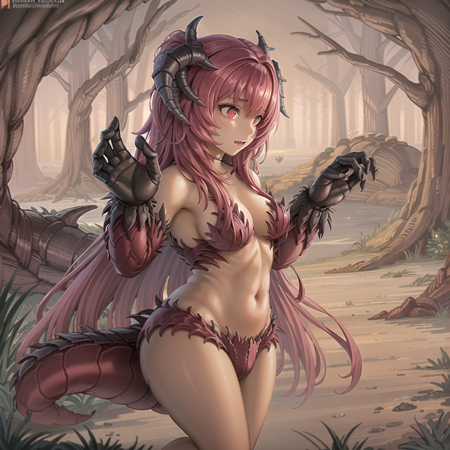 Bandersnatch a drawing of a young woman wearing pink hair with horns and a red dragon tail, 1girl, red eyes, long hair, horns, solo, pink hair, dark-skinned female, outdoors, nature background, dragon hands, posing,