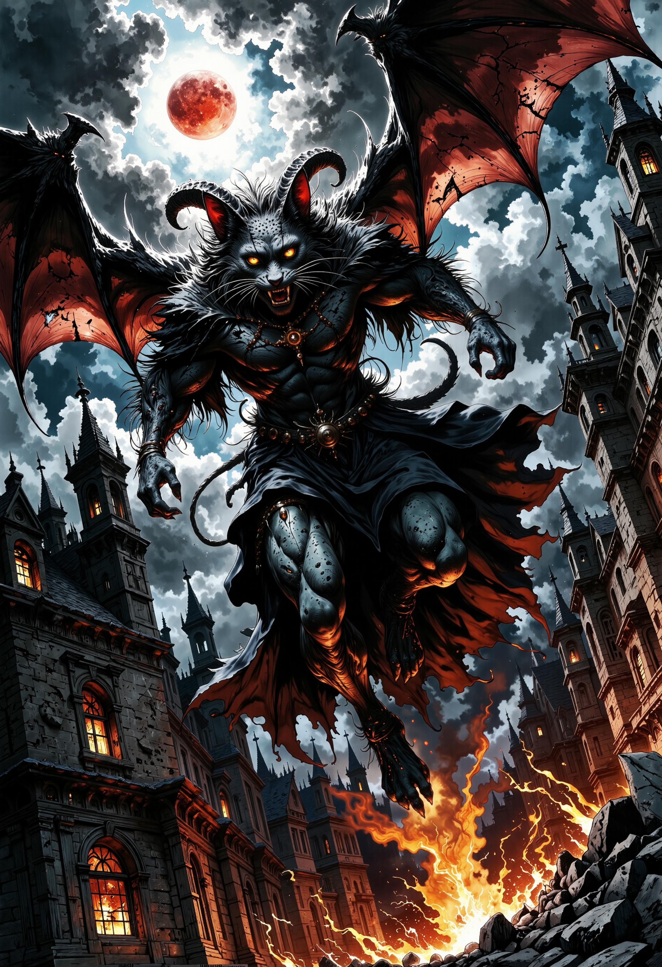 In a fog night, a red moon. A mystical creature with features of a cat and dragon, showcasing vibrant silver bat-like wings. The creature has glowing yellow eyes, adorned with intricate jewelry, wearing a dark flowing robe. Wearing a tattered black cape, dramatically leaping through the tops of devastated cityscape. The scene is set against a backdrop of ominous, swirling storm clouds that contrast with flickering orange flames illuminating the ruins of crumbled buildings. The architectural style is gothic, featuring intricate details and shattered windows. The demon exhibits a muscular physique, with menacing facial features revealing sharp teeth and glowing eyes, conveying an aura of chaos and power. The color palette is dominated by deep blacks, grays, and fiery oranges, enhancing the atmosphere of destruction. The artwork embodies a hyperrealistic aesthetic, emphasizing dramatic lighting and intense contrasts between shadow and flame..<lora:Flux/Wraith_BW_Flux.safetensors:0.6:0.6> <lora:Flux/boFLUX-digital-abyss.safetensors:0.85:0.85> <lora:Flux/MysticFantasy.safetensors:0.75:0.75>