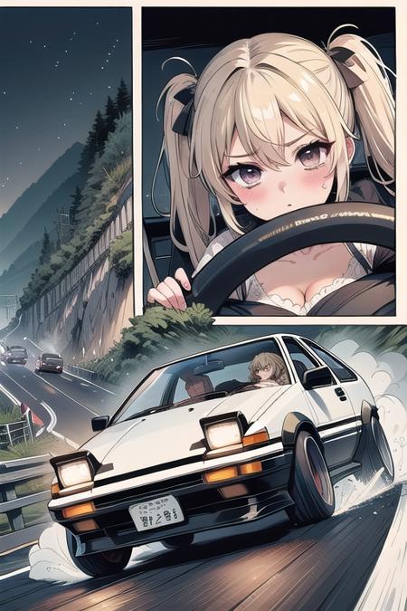 source_anime, score_9, score_8_up, score_7_up, comic, manga, drifting style, solo focus, 1girl in car interior, tank top, big tits, AE 86, Initial D, seatbelt, motion lines, motion blur, driving, sports car, reflection, dust, wind, downhill, slope road, mountain road, wet, fog, tree, cliff, night, starry sky,