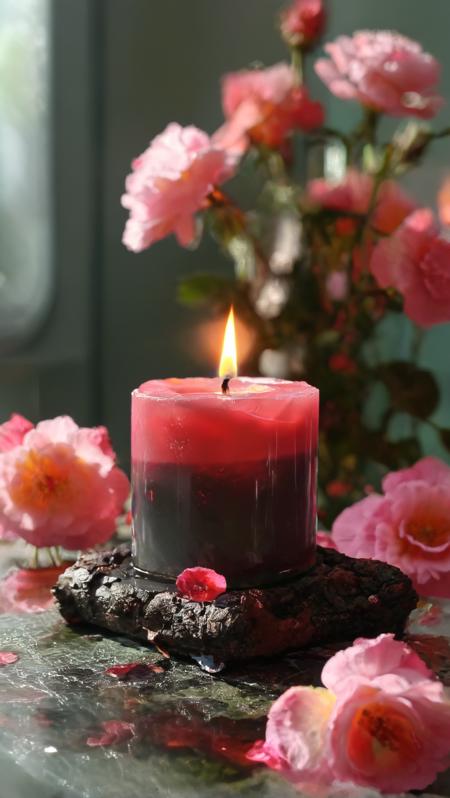 <(score_9,score_8_up,score_7_up,score_6_up,score_5_up,score_4_up):1.0>,
<(A fluffy silky octane render in the style of Timothy Thirst; It depicts a room filled with black candles and pink roses, the candles all melted halfway with the pink roses radiating a soft glow from within, creating an ethereal and dreamlike atmosphere):1.0>,
<(The colors and textures are rich and deep, perfect for any high-end art poster or print):0.9>
 <lora:add-detail-xl:1>,
 <lora:MJ52:1>