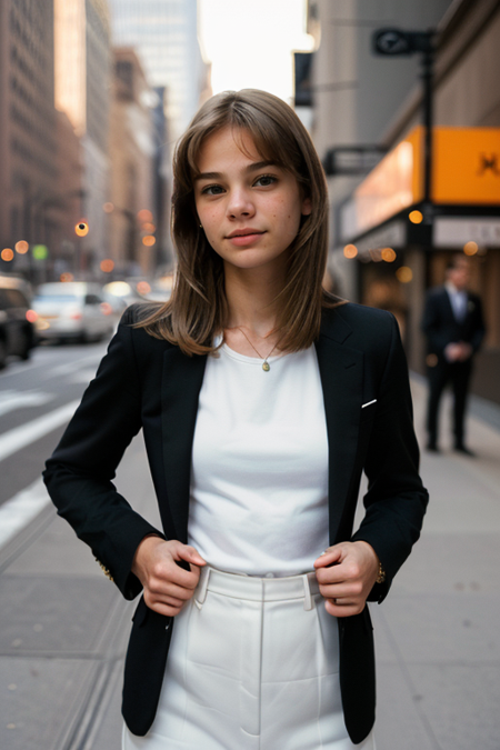 AnnaMariaPrydatko, photography by (Rodney Smith:1.3), ((upper body focus, shoulders)), modelshoot, pose, (business suit, black jacket, white blouse, facing viewer, busy Manhattan sidewalk, looking at viewer, blurry background, bokeh, ID photo:1.3), serious look