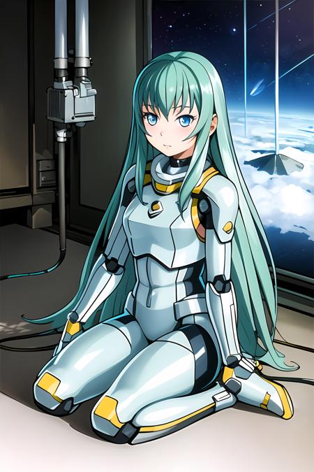 masterpiece, best quality, highly detailed, 1girl, alice carroll, long green hair, battlesuit, cyber armor with core, mechanical limbs, space, sitting, space station, futuristic, cute, red lighting, bright lights