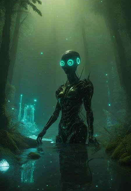 Ultrarealistic. sharp focus, dynamic lighting. play of light, reflection, refraction, Raytracing, Ultra detailed. Alien themed. Alien scenery. alien scenery background. alienworld. A gorgeous female robot in an alien forest. surrounded by ice.enchanting, cosmic, celestial, ethereal, vibrant flora, magical, luminous, serene, dreamy, radiant, bioluminescent, intricate details, surreal, enchanted forest