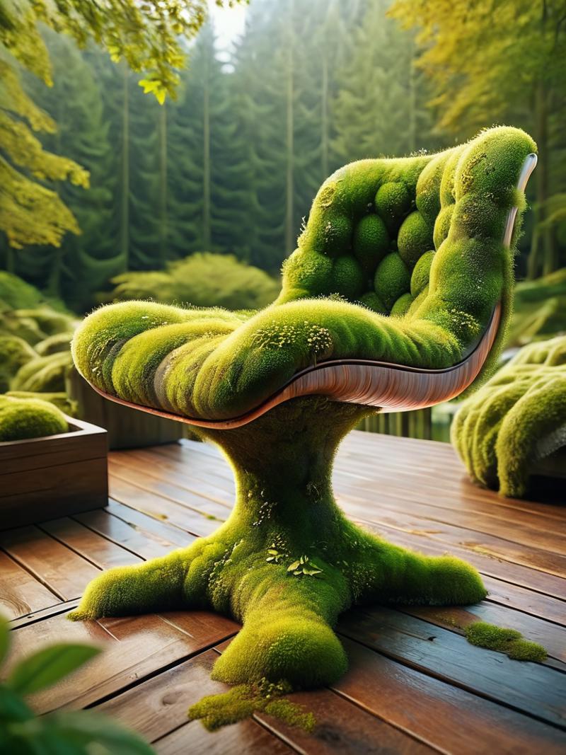 A green chair with moss sprouts growing on it, placed on a wooden deck.