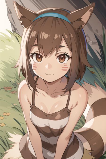 <lora:äººç©-å®å¯æ¢¦-ç²¾çµ-å¤§å°¾ç«:0.6>, furret,  pokemon \(creature\), :3, striped, grass, standing, animal ears, brown hair, looking at viewer, bare shoulders, camisole,, (masterpiece),(best quality),extreamly delicate and beautiful,illustration,, 1girl, solo,solo_focus,((best quality)), ((ultra-detailed)), finely detailed face,, <lora:ç»é£-æ°´é¾æ¬:0.7:OUTD>, <lora:ç»é£-TERãã¢:0.7:OUTD> ,  <lora:ç»é£-æ¸¡è¾¹æå¤«ï¼ç©è¯­ç³»åï¼:1:OUTS>