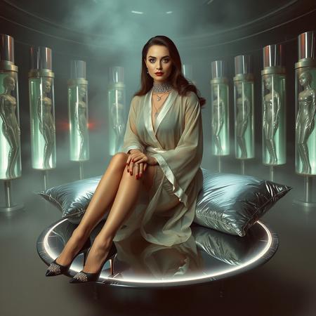 tall slender  elegant slavic lady in  vintage sheer dressing robe and   high heels, sits   at   floating  mirror disk, surrounded by   foil pillows,  alien stasic tubes with encased beauties at background, sci-fi, scifi, mind control,  slave collar, steel, foil, fog,   hypno,  romance, poison, lipstick,  long hair, heavy makeup,   1950s hairstyle, red nails,   long hair, green eyes,  sharp cheekbones, ultra thin waist , mysterious,  alien spaceship,   space, radiating, laser, dramatic lighting, ral-alufoil