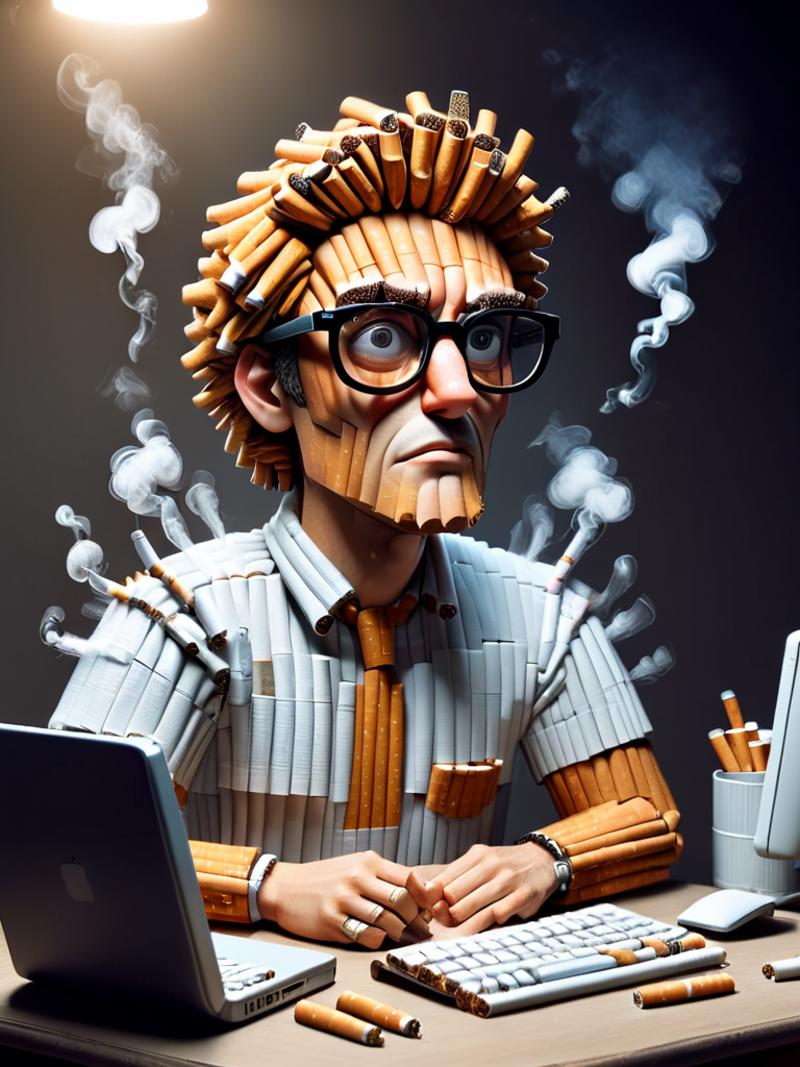 A man made of cigarettes is sitting at a computer.
