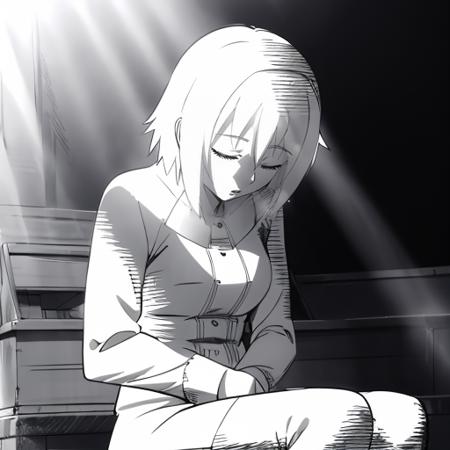 It's_burned_out,it's_completely_white,pose,greyscale,monochrome, sitting,closed eyes,looking down,comic,silent comic, sunlight,light rays,