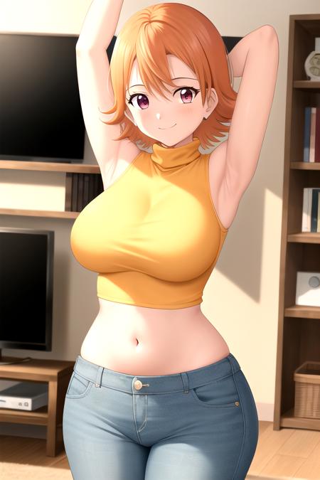 masterpiece, best quality,
1girl, digimon adventure, (takenouchi sora:1.1025), tan skin, (short orange hair:1.21551), (maroon eyes:1.21551), (large breasts:1.21551), (wide hips:1.21551), (yellow sleeveless shirt:1.21551), (turtleneck:1.21551), crop top, denim pants, blue pants, red background, tv on background, arms up, (front view:1.15763), (cowboy shot:1.15763), standing, seductive smile, looking at viewer, indoors, living room, very detailed, absurdres, 8k <lora:Sora_Takenouchi-00:0.7>