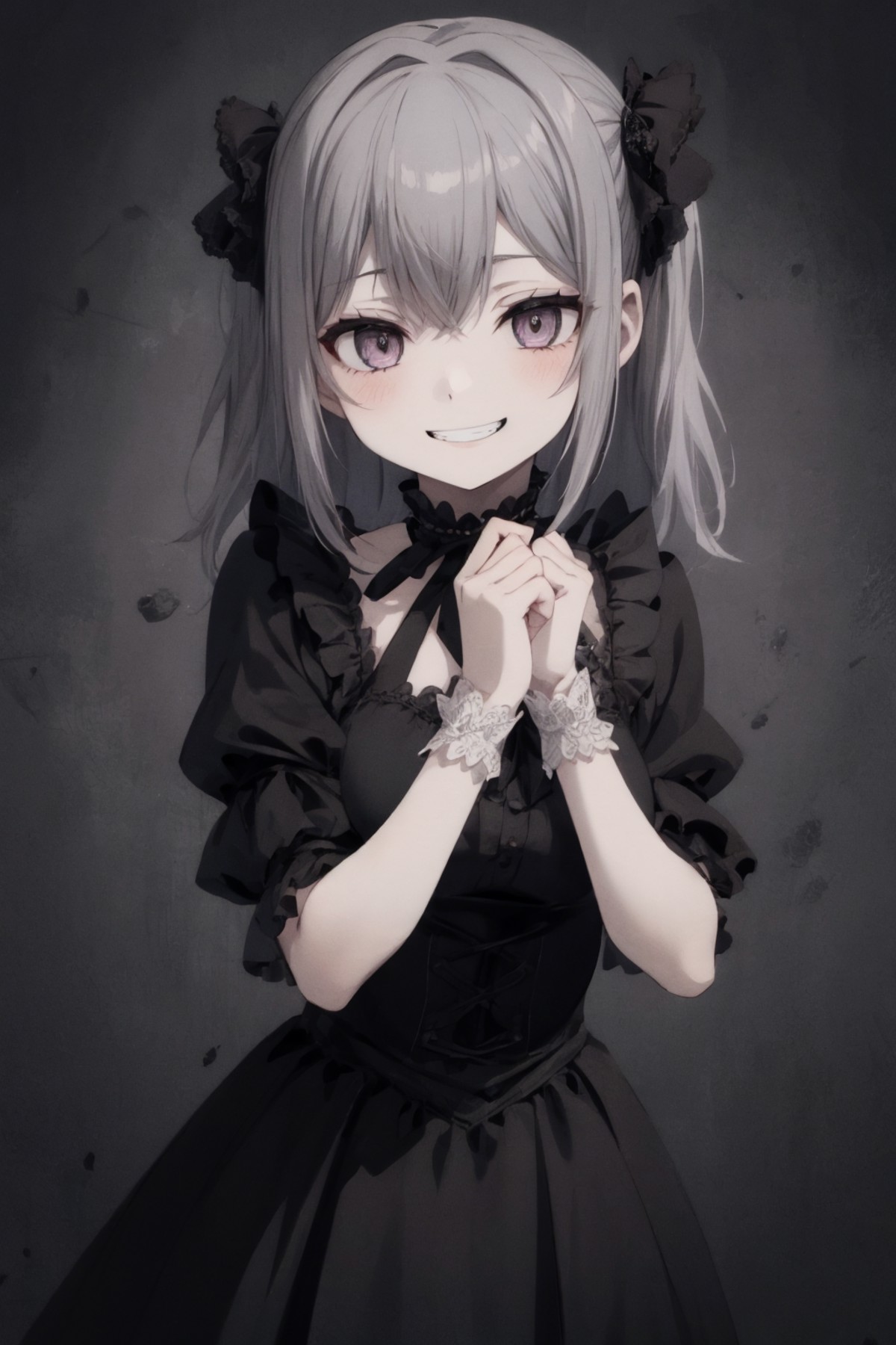 1girl, gothic dress, grin, disgust