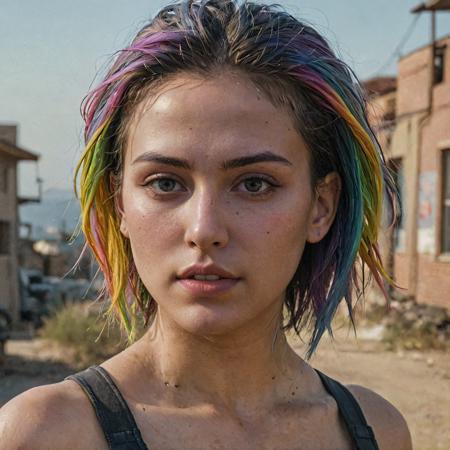 epic realistic, DV_Karah_Vicious, cyberpunk lanscape, ultra realistic, cinematic lighting, ultra detailed, detailed gorgeous face, beautiful girl, olive skin, medium length rainbow hair, simetric face, good anatomy, deusamelada, (Masterpiece:1. 3), (best quality:1. 3), <lora:add_detail:0. 4> <lora:epi_noiseoffset2:0. 4> <lora:hairdetailer:0. 6> <lora:more_details:0. 3> <lora:add-detail-xl:1. 2> <lora:DetailedEyes_V3:1. 2> <lora:sd_xl_offset_example-lora_1. 0:1. 2>, (natural skin texture, hyperrealism, soft light, muted colors), background, rutkowski, rim light