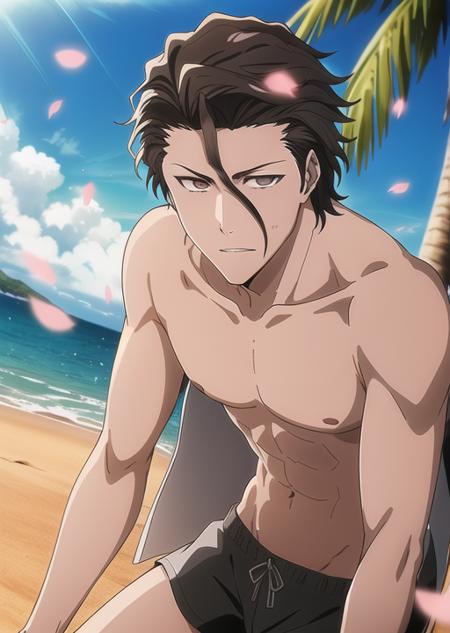 vslinx_aizen, masterpiece, \(8k, RAW photo, best quality, masterpiece:1.2\), \(realistic, photo-realistic\), bleach style, <lora:bleachAnimeStyleLora_offset:1>,  topless, swimming shorts, adult man, confident pose, standing, looking at camera, ((masterpiece)), ((best quality)), detailed eyes, detailed, detailed art style, dynamic pose, (dynamic angle), overexposure, warm lighting, cinematic shot, depth of field, iridescent, illustration, enchanting ocean, beach, palm trees, floating petals, god rays