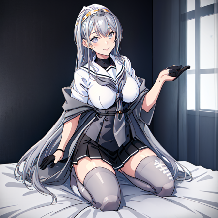 masterpiece, best quality, fuyutsuki, 1girl, solo, skirt, thighhighs, gloves,  school_uniform, grey_hair, pleated_skirt, serafuku, black_skirt, sailor_collar, neckerchief, grey_eyes, headband, white_sailor_collar, shawl, microskirt, hachimaki, grey_thighhighs, white_headband, grey_neckerchief, ((indoors)), big breasts, on bed, kneeling, looking at viewer, <lora:animemix_16:1>, ((relax, light smile))