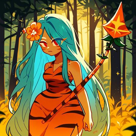 tigerlilycookie cookie run blue hair long hair flower in hair orange dress tiger print red eyes wide hips large thighs holding spear