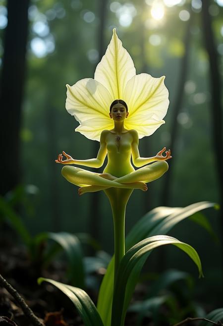 Ultra realistic photograph of a translucent prismatic orchid growing in a dense rainforest, green stem, yonic, dappled sunlight, petals forming the shape of a woman in meditation