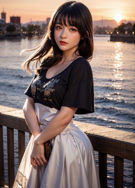 realistic, beautiful female,
  <lora:Xujiao3:0.5>   
 bridge,against railing, looking at viewer, sunset,river,city,t-shirt,    eyelashes,  red_lips, victorian town,steampunk,,
black eyes,woman,shiny skin,(skindentation),small breasts,