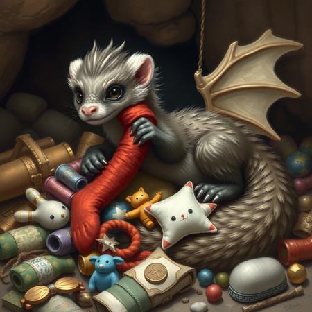 A dragon ferret hybrid, a furry dragon with ferret features, a ferret evolved into a dragon, stealing a rolled up sock, hoarding trinkets and toys mixed with treasure, grabbing red sock, grey  brown  and white colored fur, furry tail, laying on top a pile of hoarded treasure with socks and plushies, cave background