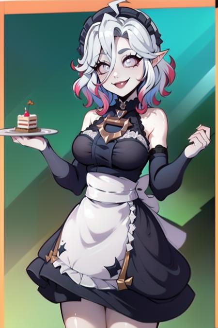 briar, solo, smile 1girl, cake, gradient hair, black dress, maid dress,  pink sclera, white hair, short hair, multicolored hair, grey skin, colored sclera, silver eyes, pointy ears, hair between eyes,, maid, maid_dress  indomitable maid, maid headdress, maid outfit, outfit,   <lora:maid_dress:1>  <lora:briar-10:1>