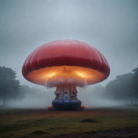 sfw, shnywrld, art style,  ,masterpiece,(best quality),extremely detailed ,   scifi, cyberpunk, steampunk, inflatable, zipper, mushroom, dramatic scene, in an open space, liminal,colourful fog, mist,colourful smoke, , shnywrld<lora:challenge\shinyworld_2dim.safetensors:0.75:0.75>