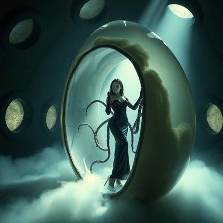 noble norvegian femme fatal lady  standing struggling with with tentacles pulling her inside  hole in giant transparent slime egg,  wearing evening GLOSSY THIN black slime live tentacles gown, GLOVES  and high heels, , surrounded by  weird fog from the floor, captured in light beam from celling,  alien breeding chamber,  , portholes to outer space,  ultrathin waisT, HORROR,  reminiscent of H.R. Giger, Zdzisław Beksinski, and Ash Thorp's dark, sleek styles, with close-up glamour photography, glossy satin and silver heels glistening, fleshy slime dripping, and dark shadows.