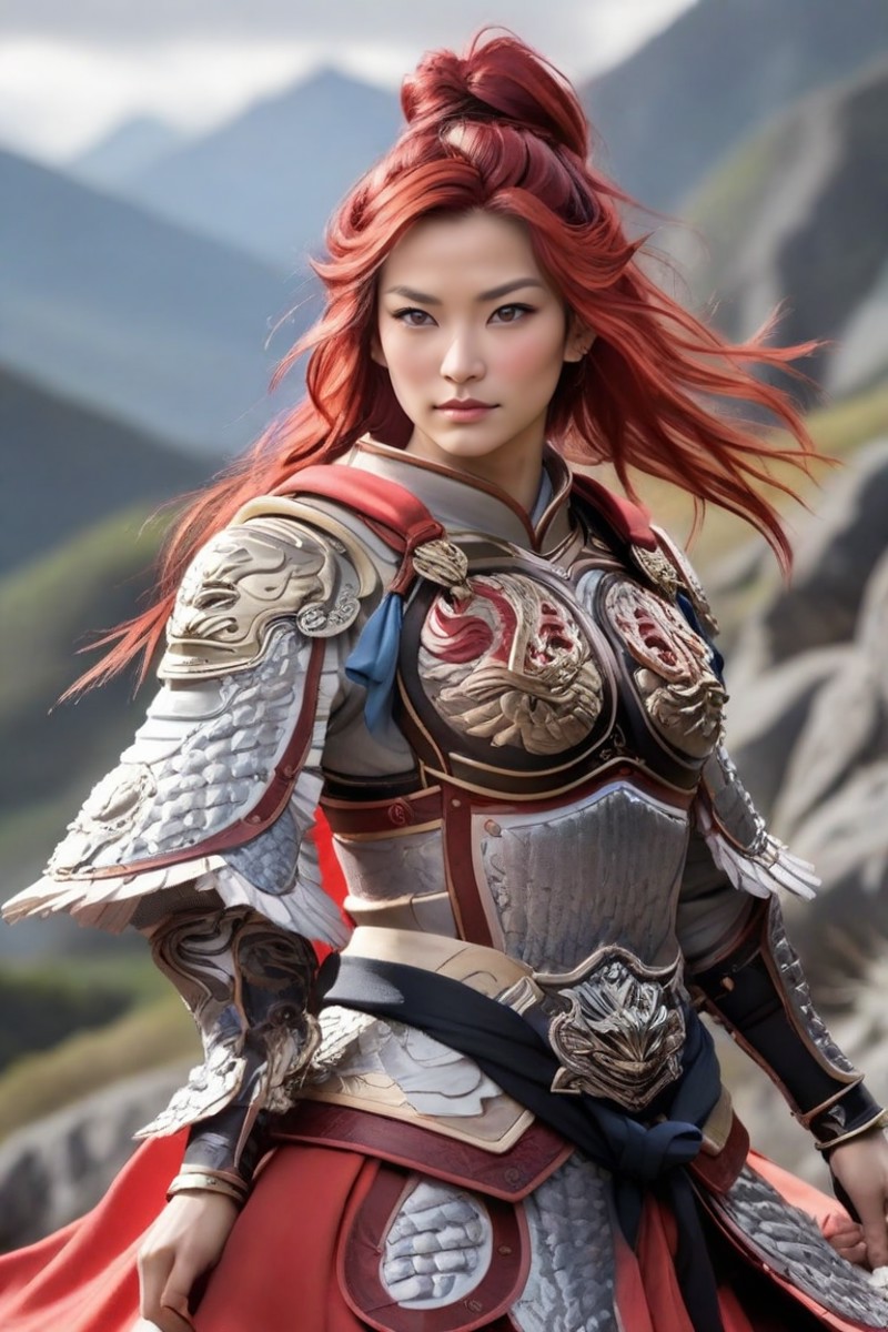 hxarmour,1 woman,(red armour:1.1),mountain,<lora:HXarmour_003AXL:0.6>,
