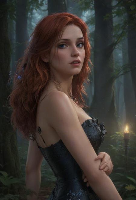 High resolution ultra-realistic of beautiful Witch, wavy red haired, intricately designed tight black medieval gothic dress, standing in a dark forest, Beautiful hourglass figure, tight breasted, intricately Designed beautiful face, Intricately Designed red, yellow, blue flowers, Artgerm, WLOP, Greg Rutkowski; Intricate, cute, Elegant, Digital Illustration, Scenic, Hyper-Realistic, Hyper-Detailed, 8k, capturing the intensity of the moment, cinematic lighting, realistic brown eyes, perfect athletic figure, ultra realistic, cinematic style, athletic figure, dark fantasy, dramatic lighting, wet and sweaty skin, dirty skin, athletic figure, dark fantasy, dramatic lighting, Greg Rutkowski style, hyper-detailed, hyper-realistic, bright colours, Attractive 21 old years girl, Attractive, beautiful firm Breasts, sharp focus, digital painting, Photograph Taken on Nikon D750, Alphonse Mucha, 8K, athletic figure, Hyperdetailed, hyperrealism, Attractive, Attractive bust girl, asymmetric balance