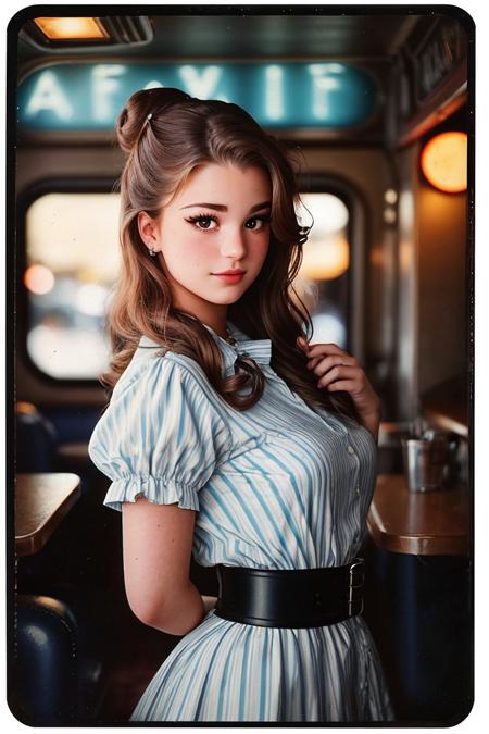 photo of (brmonk:0.99), closeup portrait, perfect hair, hair upsweep updo, posing, (vintage photo, waitress outfit), ((postcard)), 160mm f/8, 1/10s, ISO 25, ((tintype)), (analog, film, film grain:1.3), ((american diner, 50s style, gritty)), happy, ((detailed eyes)), (colorful)